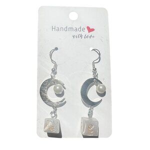 Pearl White Dungeon & Dragons Dice with Silver Moon Dangling Earrings